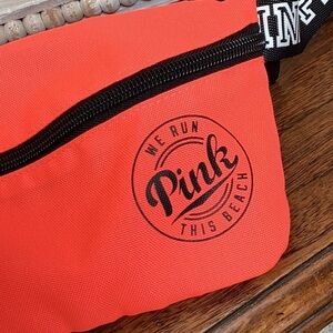Pink Victoria’s Secret neon coral color belt bag “We run this beach”